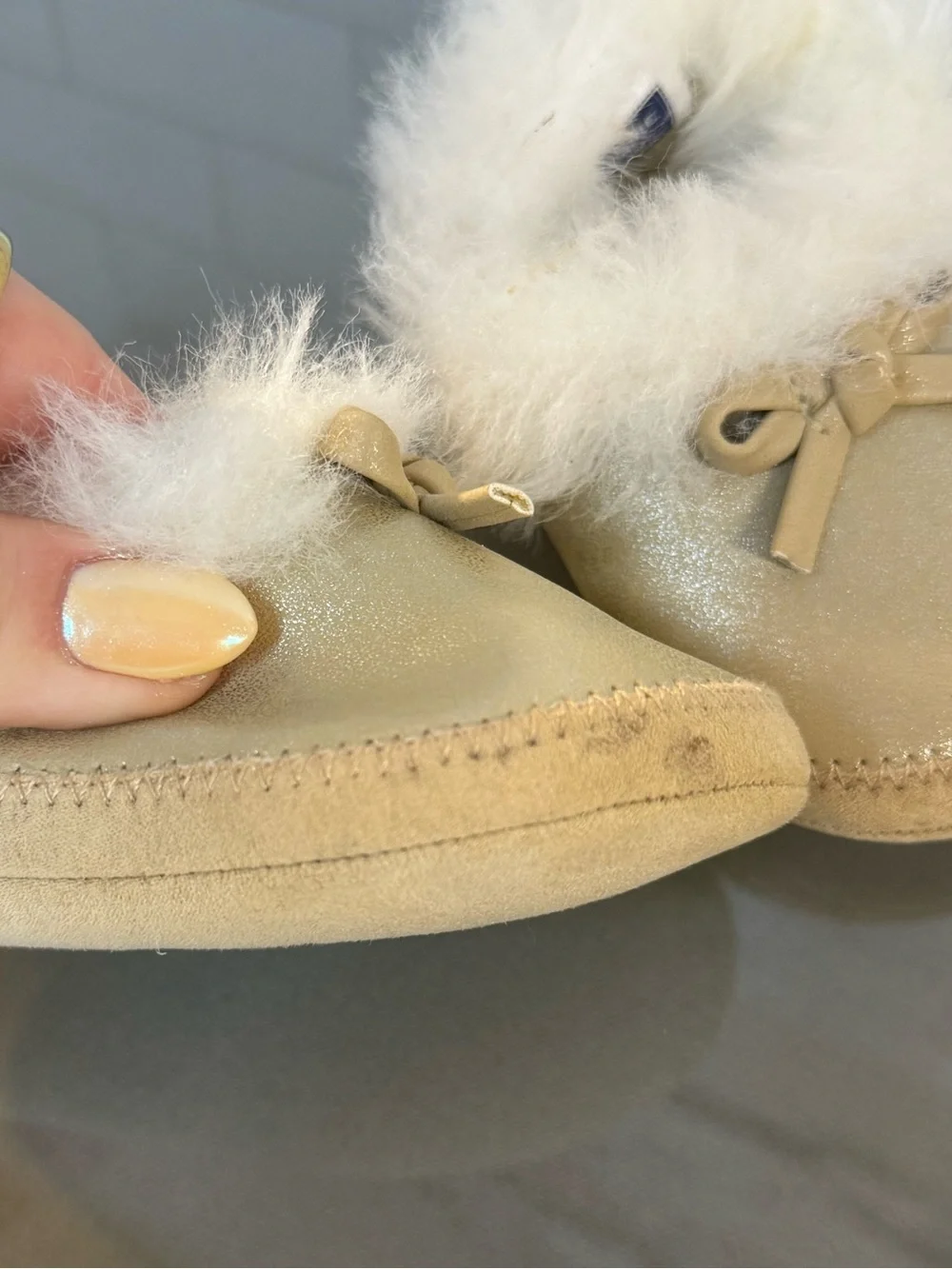 Janie and Jack Cream Faux-Fur Trim Slip-On Moccasin Slippers